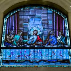 One of the three stained glass windows depicting the Last Supper ... Chapel of the Blessed Sacrament