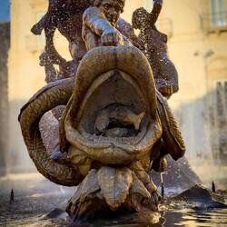 Inside the mouth of the triton's seahorse are several fish — Fountain of Diana.