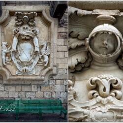 Coat of arms along Foro Vittorio Emanuele II; (right) helmeted knight not an astronaut!