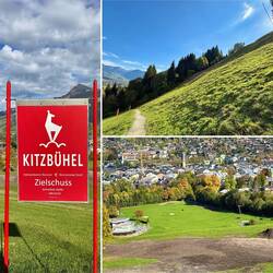 Zielschuss von Abfahrt und Super-G. Im Sommer wird im Ziel Golf gespielt.