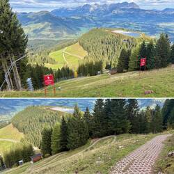 Der Steilhang gilt als eisigste Stelle (oben Skifahrer, unten unser Wanderweg über die Piste).