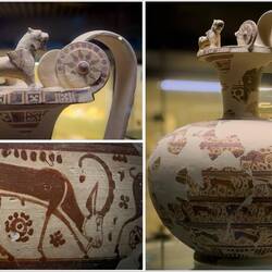 Oinochoe with animal freezes and palmettes & winged lions on the lip ... 600-575 BCE.