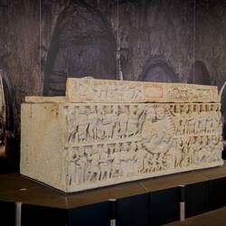 The Sarcophagus of Adelphia was found inside the Catacombs of San Giovanni in Siracusa.