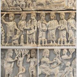 Some of the biblical scenes on the front of the sarcophagus of Adelphia.