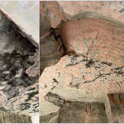 Rain- and groundwater seepage chemically tints the rock in various hues.