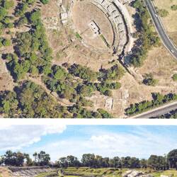 Aerial view of the Roman Amphitheater from signage at the site.