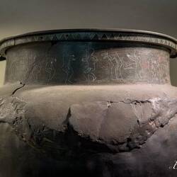 Bronze volute krater used to mix wine & water; with decorated neck of revellers; ca. 570-540 BCE.